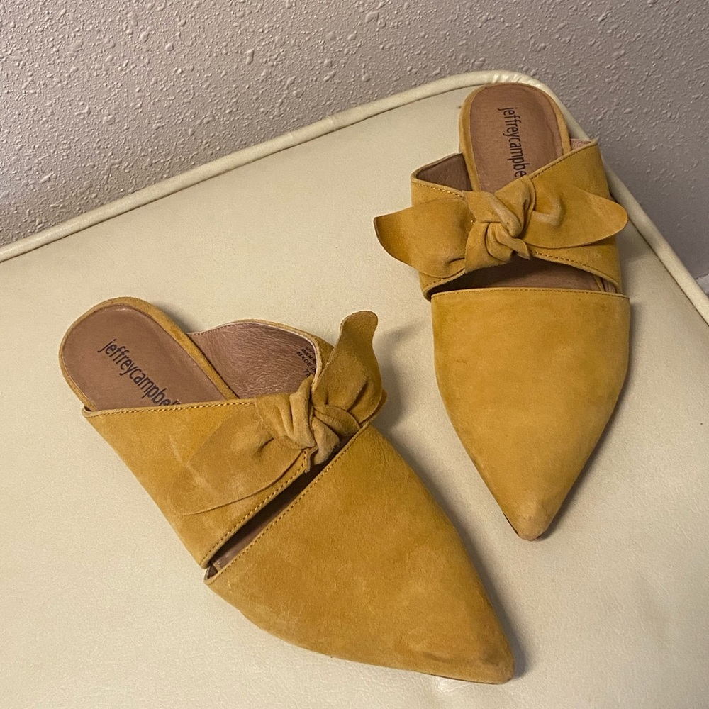 Jeffrey Campbell mustard suede bow pointed toe mule slides
